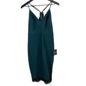NWT Lulus Size S Lace Trim Midi Sheath Dress Stretch Dark Green